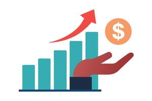 Rising Bar Chart with Arrow Up, Dollar Coin and Hand Isolated on White Background vector