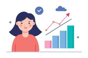 Flat Woman Character with Graph, Checkmark, Cloud, and Growth Bar Chart on White vector
