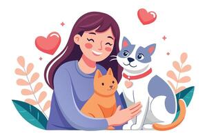 Cartoon Smiling Woman Hugging Cat and Kitten Flat Design on White Background vector