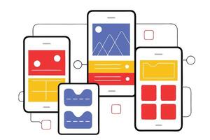 Colorful Mobile Phone App Mockups with UI Elements on White Background Display vector
