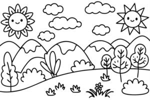 Sunny Landscape Outline Cartoon Sun, Mountains, Clouds, Trees, and Grass Design vector