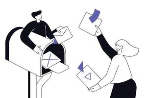Outlined People with Mailbox and Envelope on a White Background Minimalist Design vector