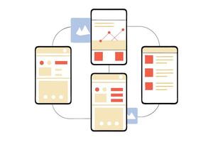 Connected Smartphone Interface Design with Data Flow and App Elements in Circle Shape vector