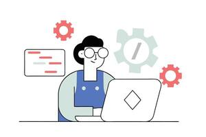Woman with Glasses Working on Laptop with Gears and Task Board in Flat Style vector