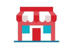 Cute Storefront with Red Awning and Blue Accents, Flat Design on White vector