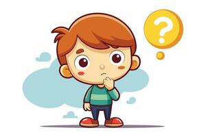 Cartoon Boy Character Thinking with Hand on Chin and Question Mark with Line Art vector