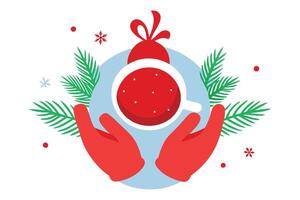 Hands with Red Gloves Holding Christmas Cup Surrounded by Fir Branches vector