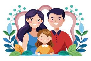 Cartoon Style Family Portrait with Floral and White Background vector