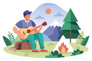 Camping Man Plays Guitar by Campfire in Nature with Tent and Trees vector
