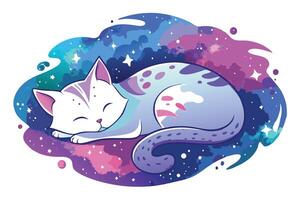 Dreamy Celestial Cat Sleeping Peacefully in Space Nebula Isolated vector