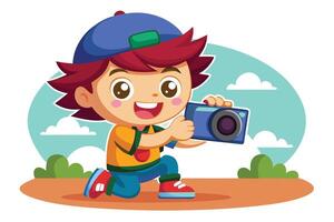 Cartoon Boy with Blue Camera Ready to a Moment in Flat Style vector