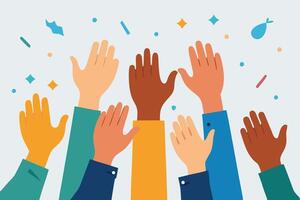 Diverse hands raised celebration with confetti on white background vector