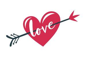 Red Heart Shape Pierced with Cupid's Arrow and Love Text on White Background vector