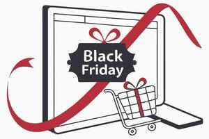 Online Black Friday Shopping on Laptop with Cart and Ribbon Decoration vector