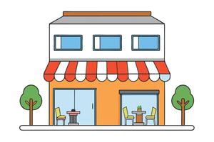 Two Story Colorful Building with Striped Awning, Trees and Table Chair Sets vector