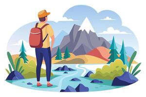 Flat of Man with Backpack Enjoying Mountain View Scenery vector