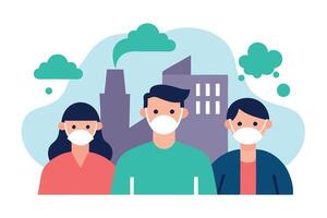Flat Three Individuals Wearing Face Masks Against Factory Backdrop vector