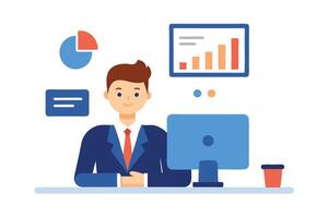 Cartoon Businessman at Desk with Computer, Chart, Coffee on White Background vector