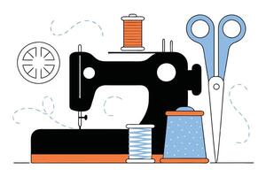 Sewing Machine with Scissors, Thimble and Thread Spools Flat on White vector