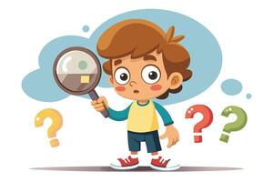 Cartoon Boy Looking Through Magnifying Glass Surrounded by Question Marks vector