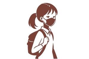 Isolated Schoolgirl with Ponytail Wearing Face Mask and Backpack vector