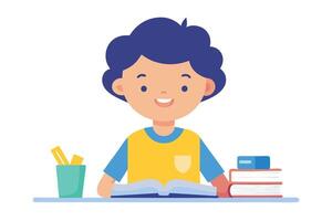 Smiling Boy Reading Book on Desk with Pencil Holder and Stack of Books vector