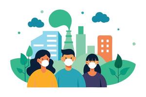 Group of people wearing mask with factory in flat design style vector