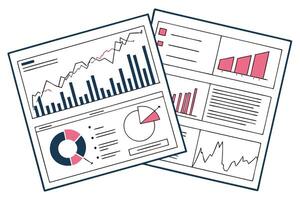 Financial Report Sheets with Bar, Line and Pie Charts on White Background vector