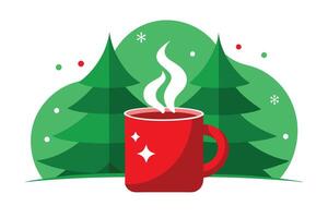 Festive Red Mug with Steam and Evergreen Trees on White Background vector