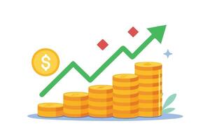 Rising Golden Coins Stack with Green Arrow and Red Diamond Isolated on White vector