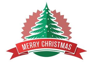 Merry Christmas Design with Green Tree, Festive Red Ribbon and Pink Starburst vector
