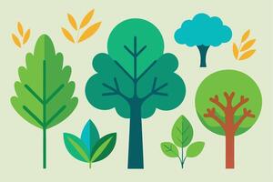 Cartoonish Trees And Leaves With Various Shapes And Colors On Light Beige Background vector