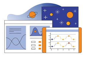 Abstract Screens with Graphs, Charts and Planet on White Background vector