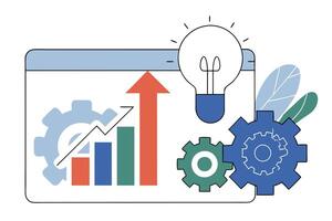 Cartoon Concept with Light Bulb, Arrow, Gears, Chart on White Background vector