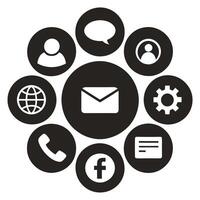 Circular Social Media Icons with Phone, Mail, Gear, and Globe on White vector