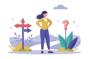 Flat Woman with Question Mark and Arrows Sign on White Background vector