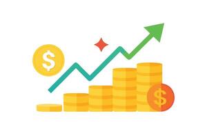 Increasing Gold Coins Stack with Green Arrow on White Background vector