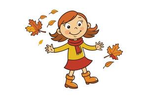 Cartoon Girl Playing with Autumn Leaves in a Red Scarf on White Background vector