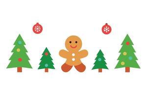 Flat Christmas with Green Trees, Red Ornaments, and a Gingerbread Man vector