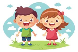 Cheerful Cartoon Boy and Girl Smiling on Green Grass with Clouds Background Design vector