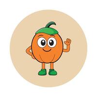Cheerful Orange Character with Green Cap, Hands Up on Circle Background vector