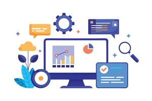 Cartoon style Computer, Gear, Speech Bubbles, Checkmark Box, Magnifier on White vector