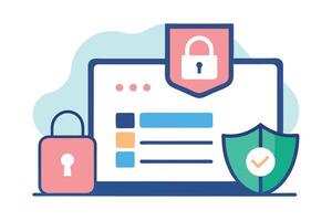 Flat of a Laptop with Security Shields and Locks on White vector