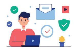 Young Man Using Laptop with Envelope, Shield, and Check Mark Flat Design vector