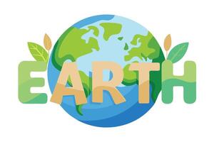 Cartoon Earth Planet with Green Leaves and Earth Text in Front on White Background vector