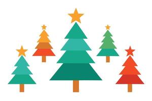 Five Christmas Trees with Star Toppers in Orange, Green, and Red on White Background vector