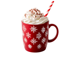 Red mug of hot chocolate with whipped cream and candy cane straw. png