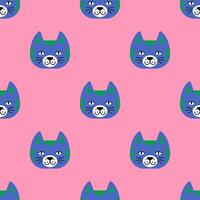 Playful abstract seamless pattern of colorful smiling cat heads. Modern blue kitten on pink background. repeat print perfect for fabrics, gift wrapping paper and cheerful background designs. vector