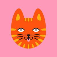 Whimsical doodle of a fluffy cat head on a pinck background. Playful and trendy animal illustration. vector