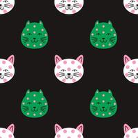 Vibrant seamless pattern with cat heads in flat cartoon style. Funny kitten illustration make great prints for textiles, wallcoverings, wrapping paper and childrens products. Whimsical design. vector